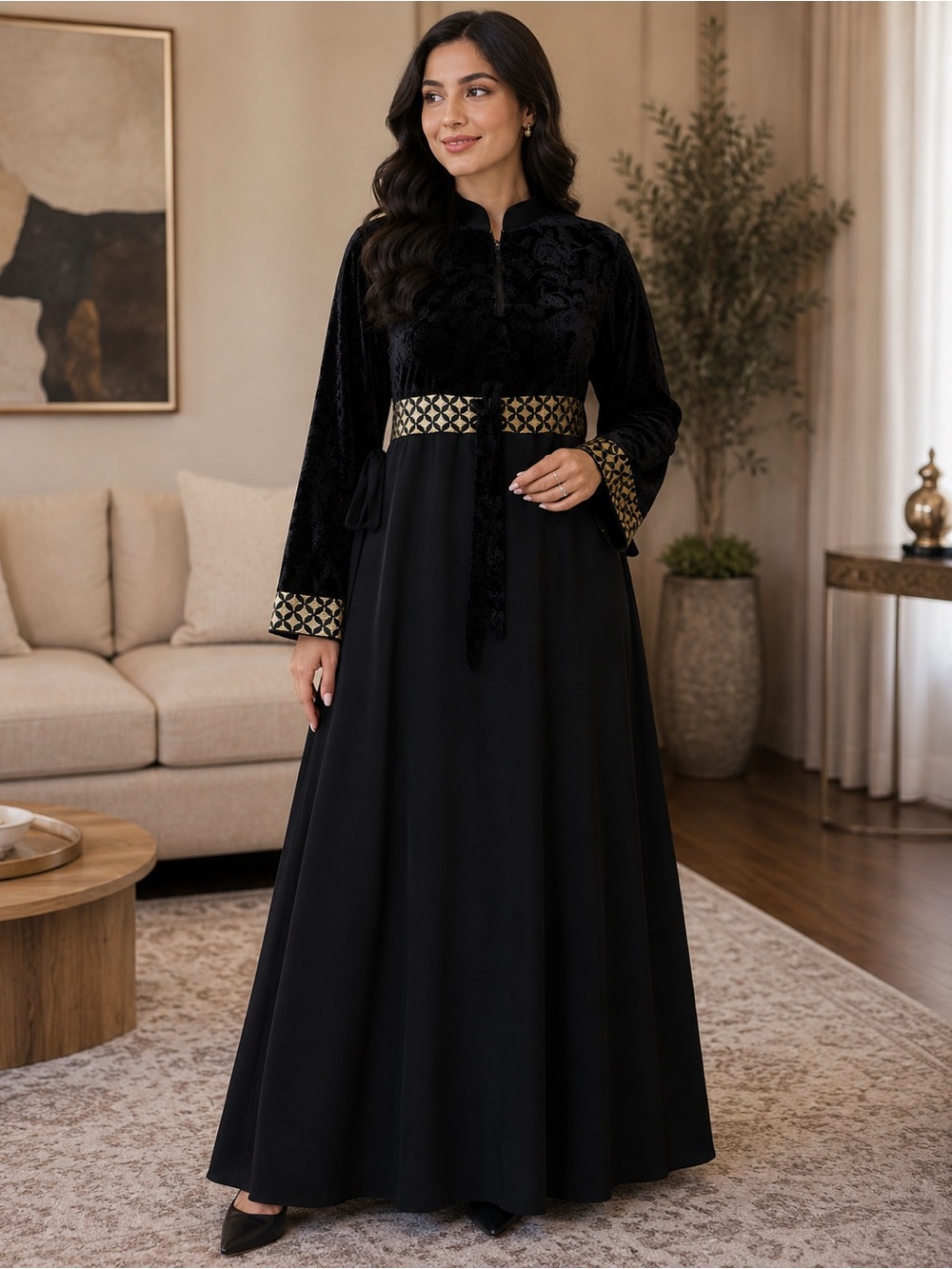 Abaya Elegant Black Maxi Dress with Gold Trim belted half zip - Picture 2 of 8